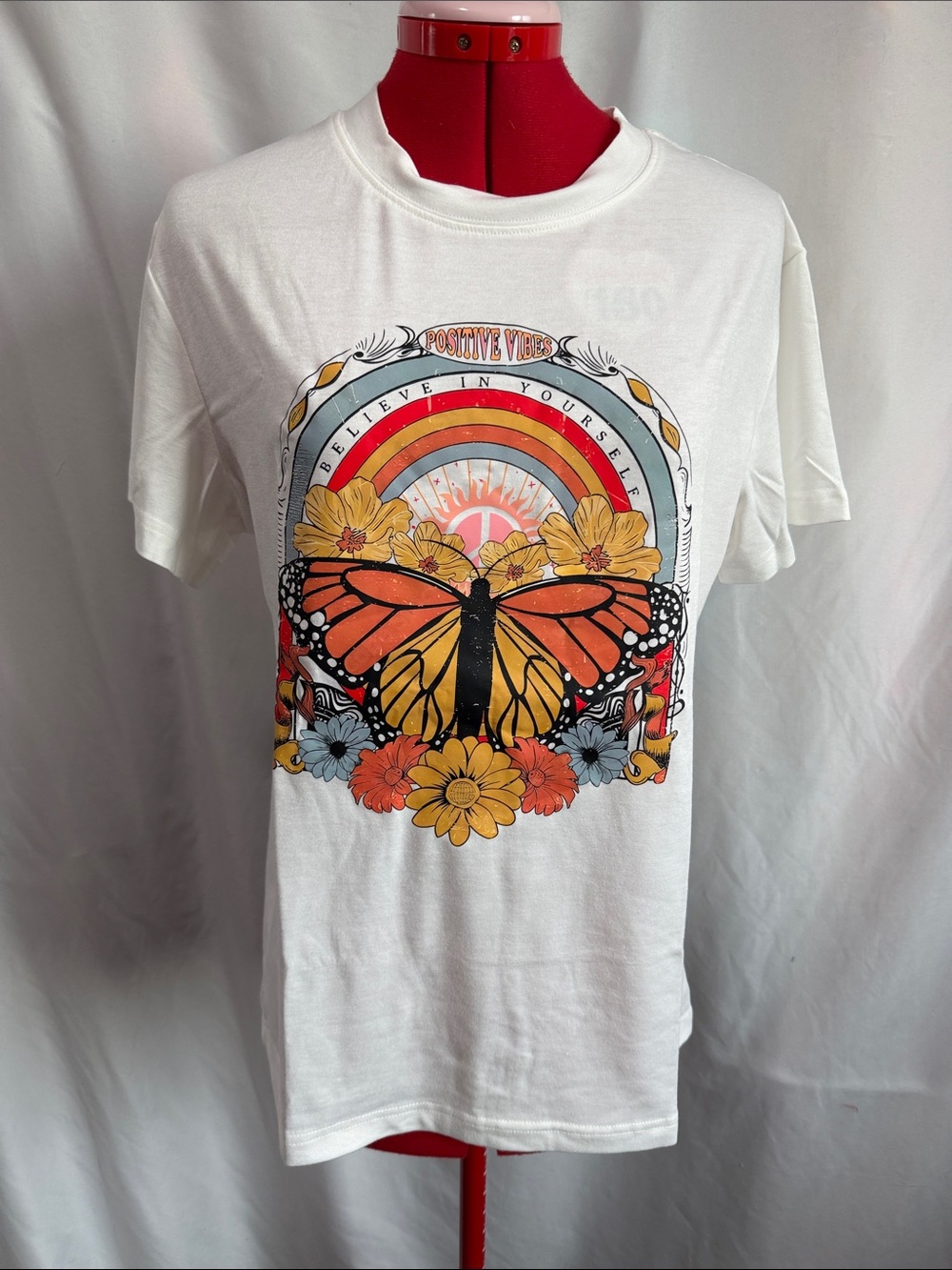 White 'Positive Vibes' Butterfly Graphic Tee - Women's Short Sleeve